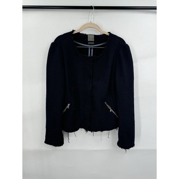 GAP Twee Boucle Jacket Women 12 Navy Blue Distressed Bohemian Retro Punk Frayed - Picture 1 of 8